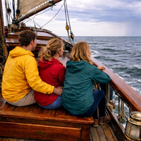 Mensen aan denk met een bui op de achtergrond.