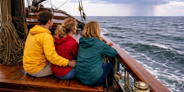 Mensen aan denk met een bui op de achtergrond.